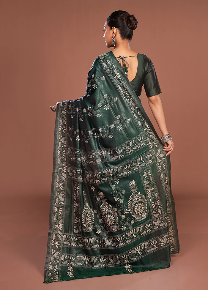 Green Kantha Stitch Silk Saree With Blouse Piece - Image 3
