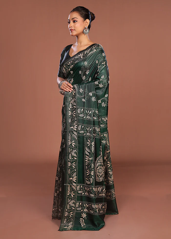Green Kantha Stitch Silk Saree With Blouse Piece - Image 4