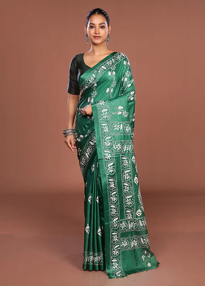 Green Kantha Stitch Silk Saree With Blouse Piece - Image 2