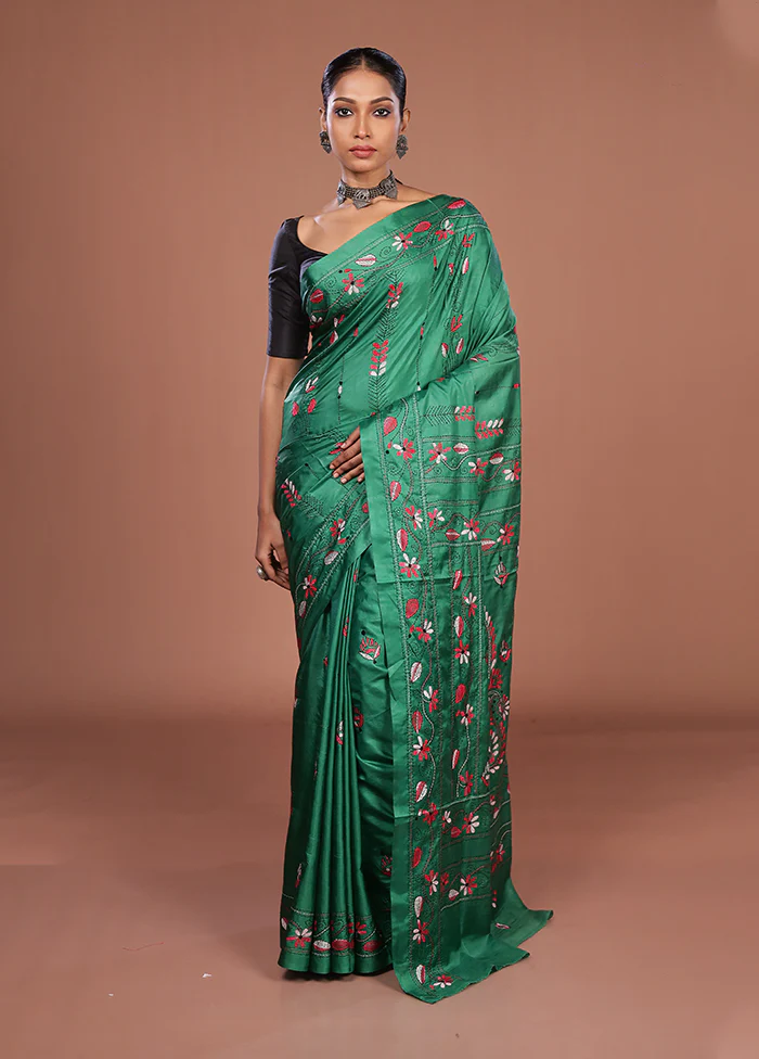 Green Kantha Stitch Silk Saree With Blouse Piece - Image 2