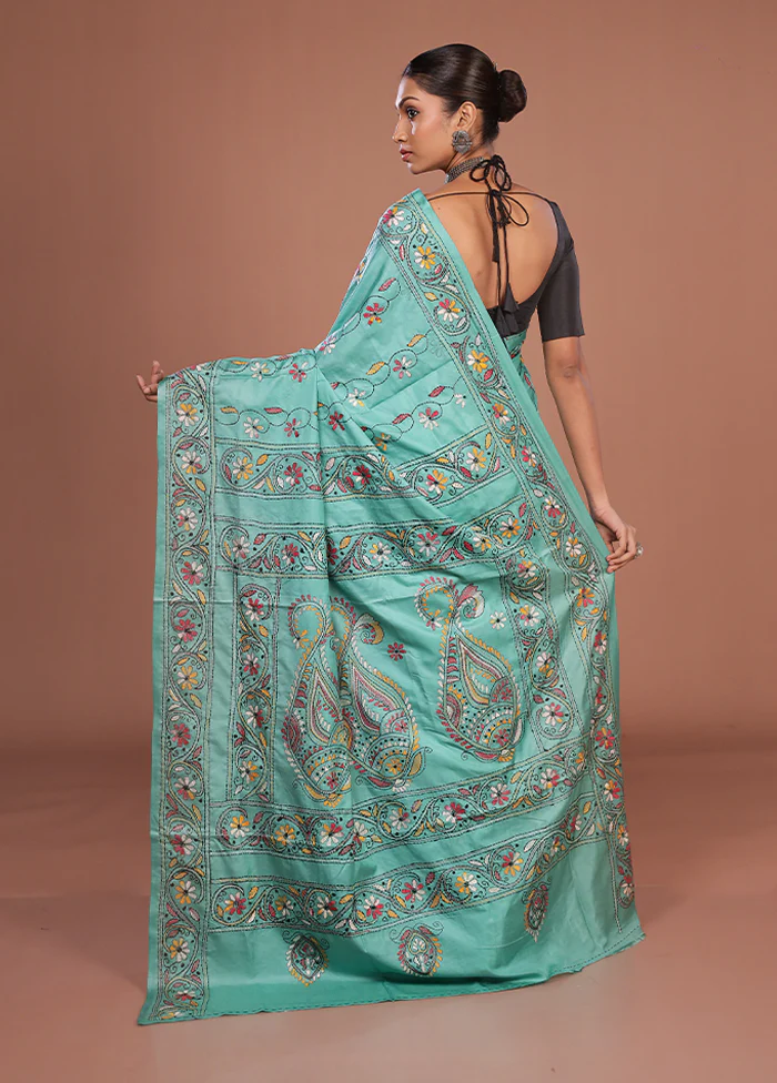Green Kantha Stitch Silk Saree With Blouse Piece - Image 3