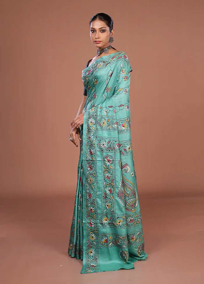 Green Kantha Stitch Silk Saree With Blouse Piece - Image 4