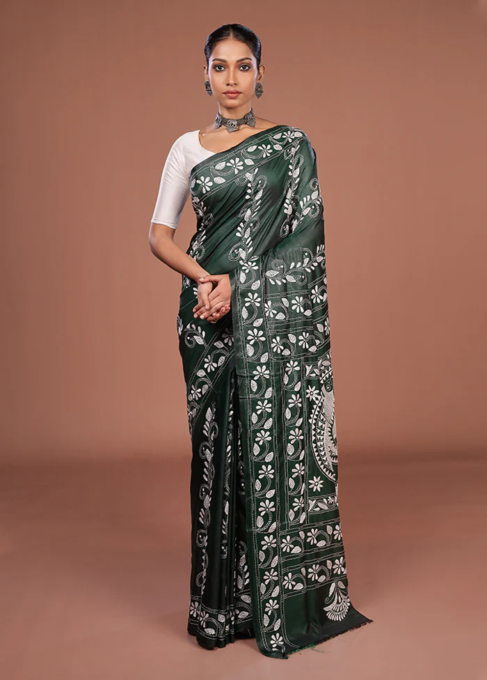 Green Kantha Stitch Silk Saree With Blouse Piece - Image 2
