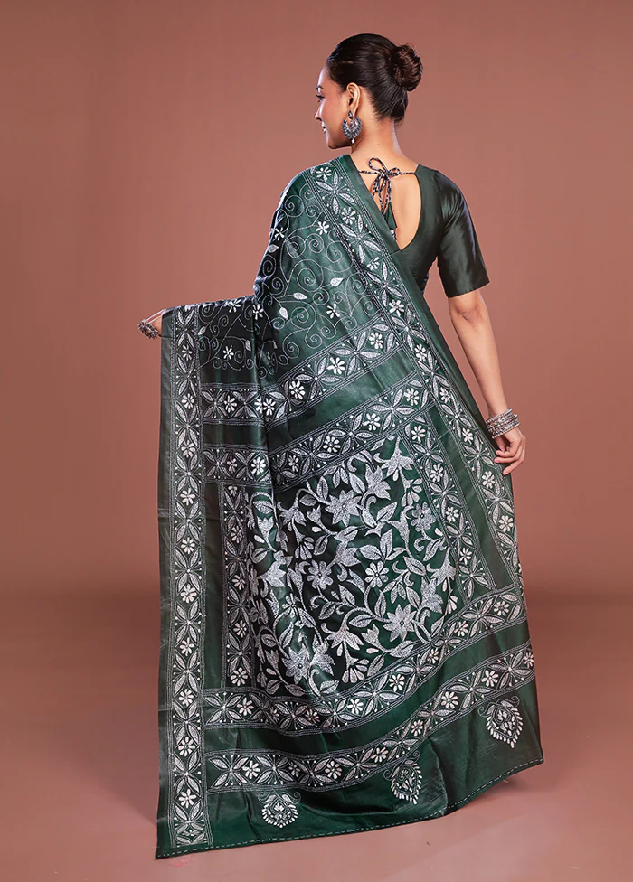 Green Kantha Stitch Silk Saree With Blouse Piece - Image 3