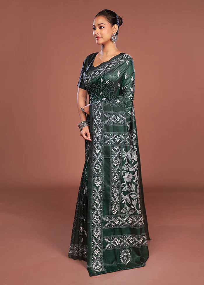 Green Kantha Stitch Silk Saree With Blouse Piece - Image 4