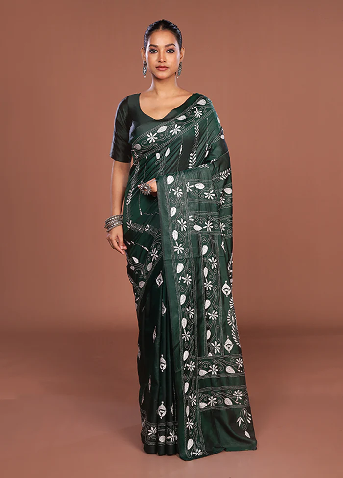 Green Kantha Stitch Silk Saree With Blouse Piece - Image 2