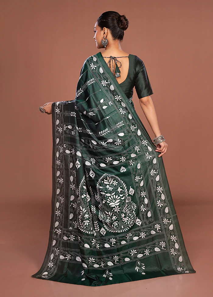 Green Kantha Stitch Silk Saree With Blouse Piece - Image 3