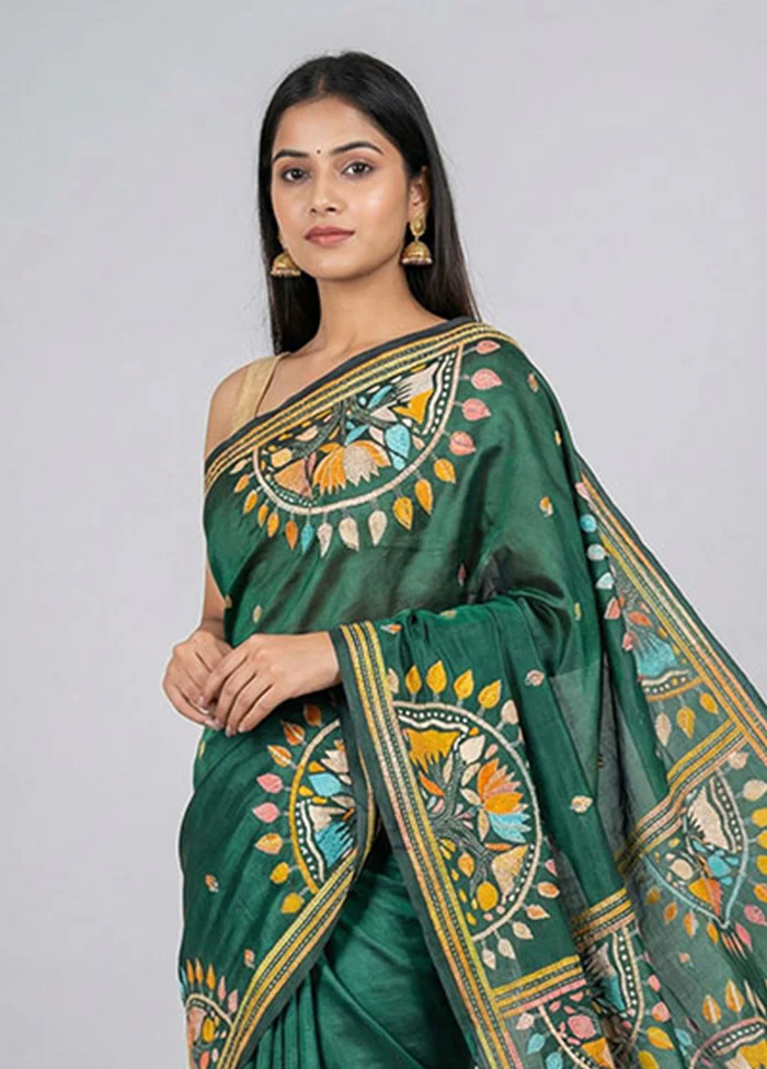 Green Kantha Stitch Silk Saree With Blouse Piece - Image 2