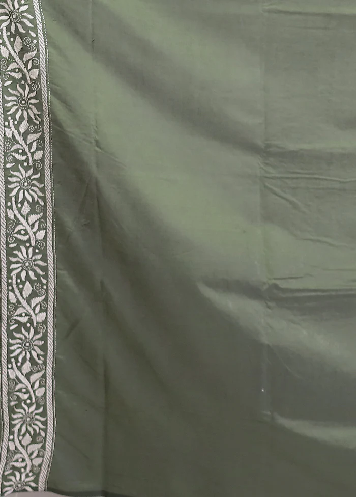 Green Kantha Stitch Silk Saree With Blouse Piece - Image 5