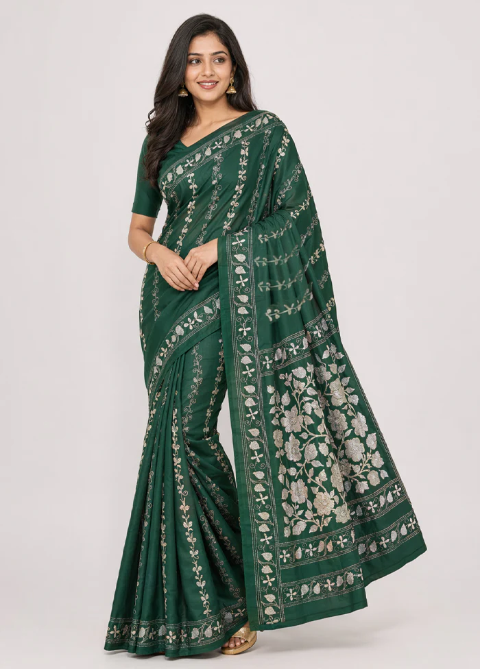Green Kantha Stitch Silk Saree With Blouse Piece