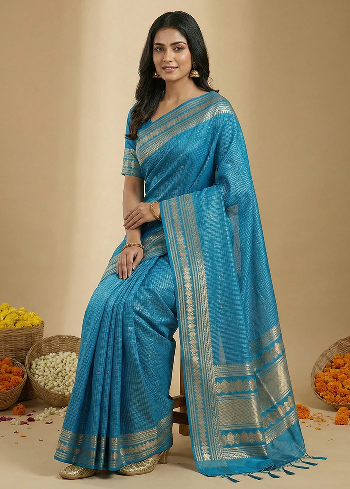 Blue Katan Silk Saree With Blouse Piece - Image 3