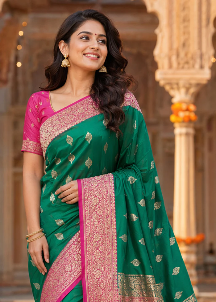 Green Katan Silk Saree With Blouse Piece - Image 2