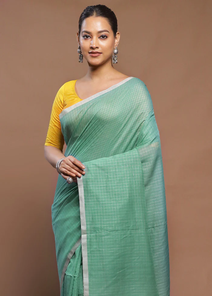 Green Cotton Saree With Blouse Piece - Image 2