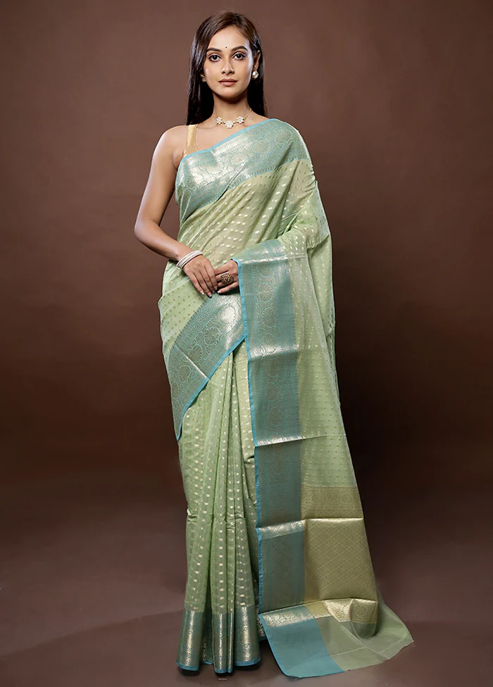 Green Kora Silk Saree With Blouse Piece - Image 2