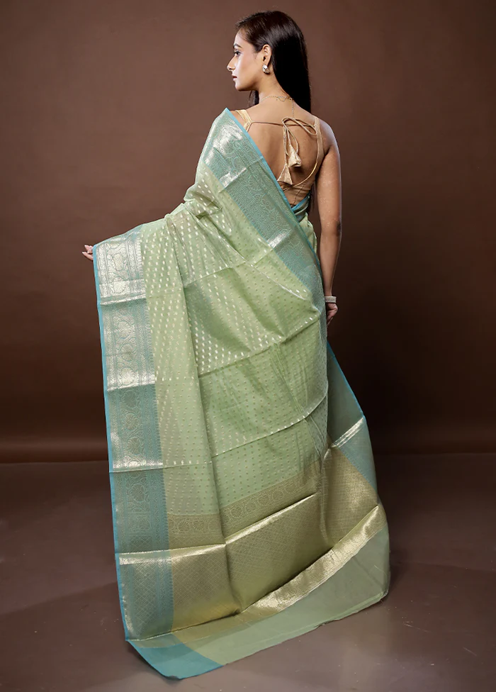 Green Kora Silk Saree With Blouse Piece - Image 3
