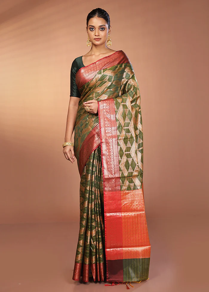 Green Kora Silk Saree With Blouse Piece - Image 2