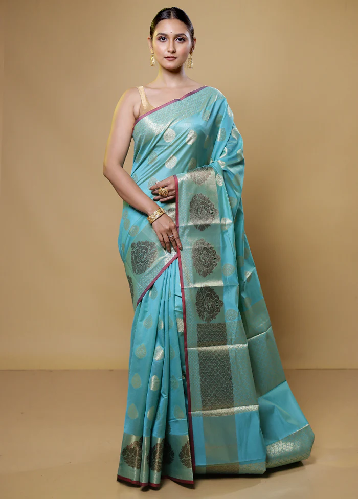 Blue Kora Silk Saree With Blouse Piece - Image 2