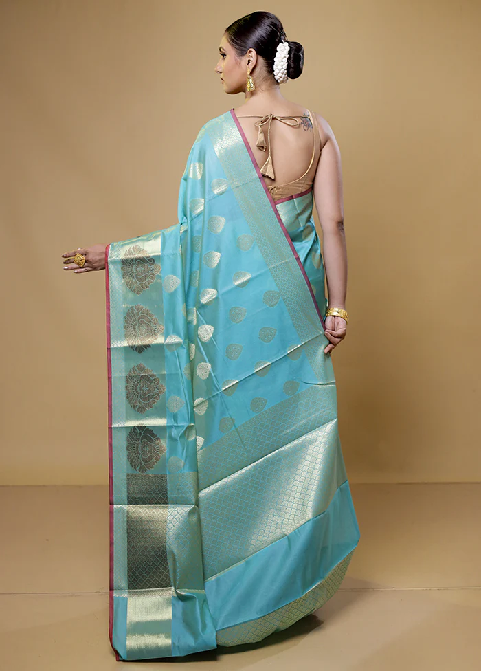 Blue Kora Silk Saree With Blouse Piece - Image 3