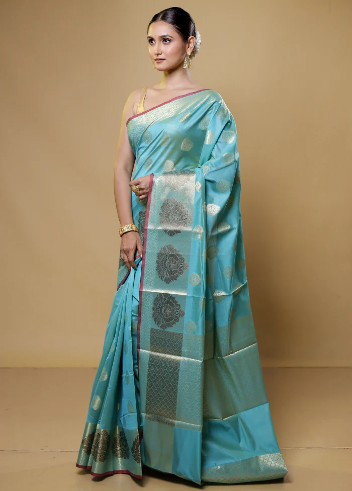 Blue Kora Silk Saree With Blouse Piece - Image 4