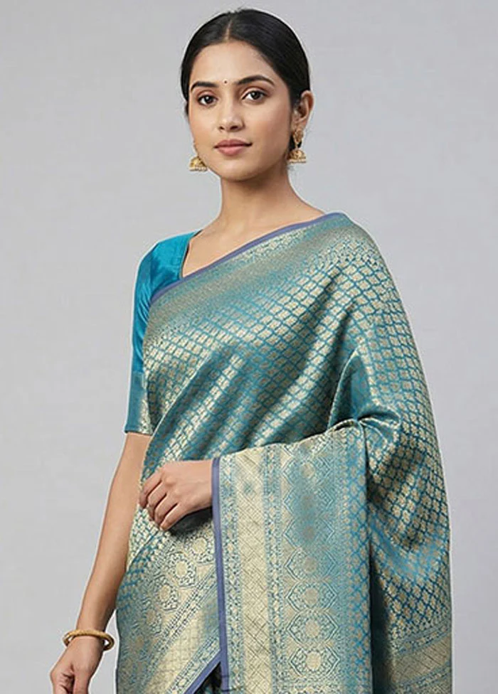 Green Kora Silk Saree With Blouse Piece - Image 2