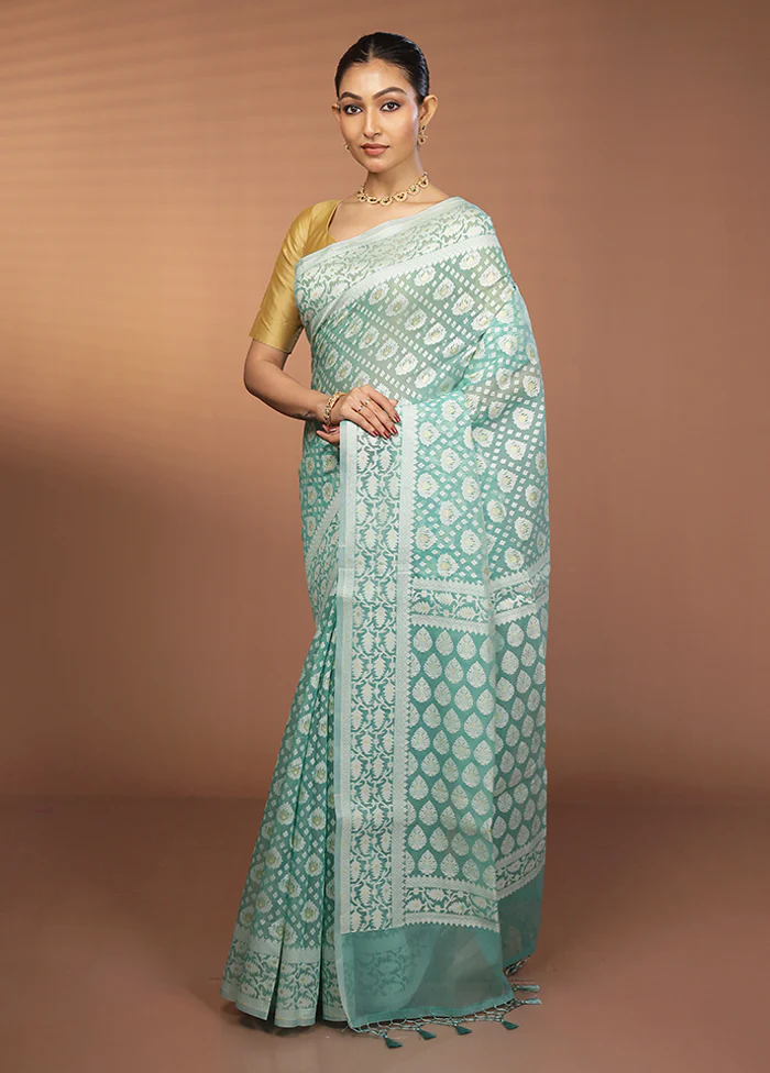 Green Kora Silk Saree With Blouse Piece - Image 4