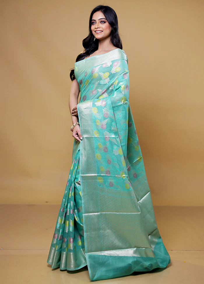 Green Kora Silk Saree With Blouse Piece - Image 4