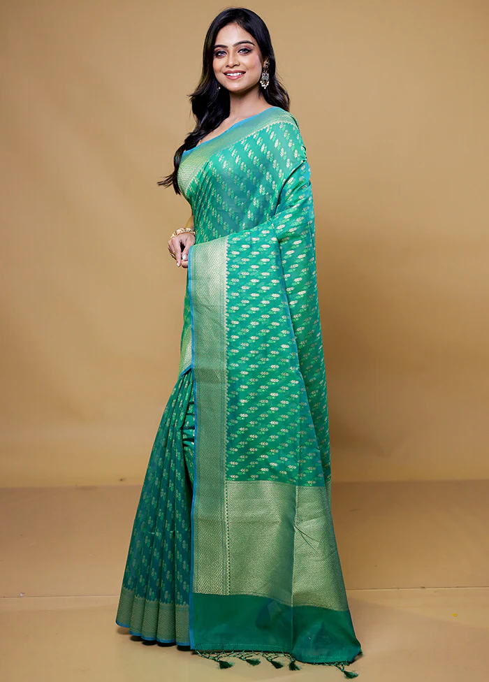 Green Kora Silk Saree With Blouse Piece - Image 4