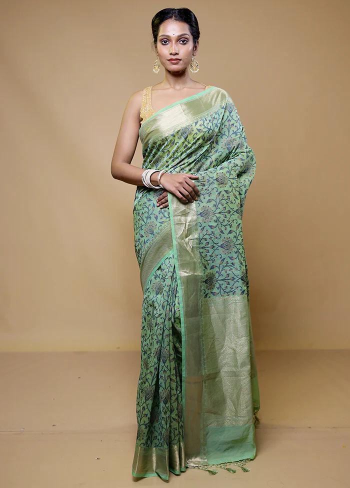 Green Kora Silk Saree With Blouse Piece - Image 2