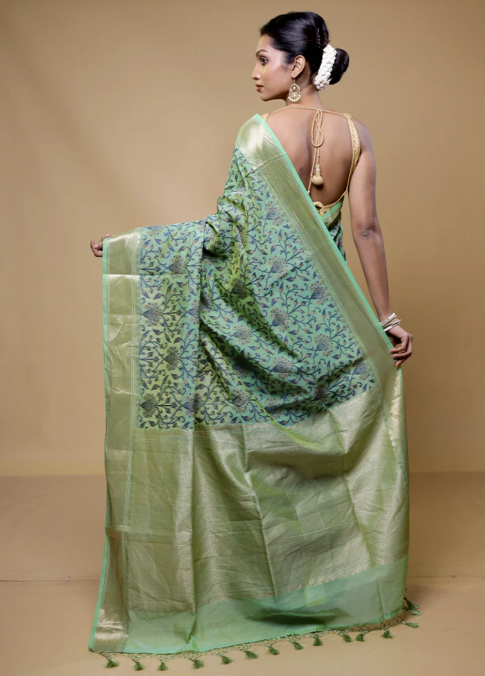 Green Kora Silk Saree With Blouse Piece - Image 3