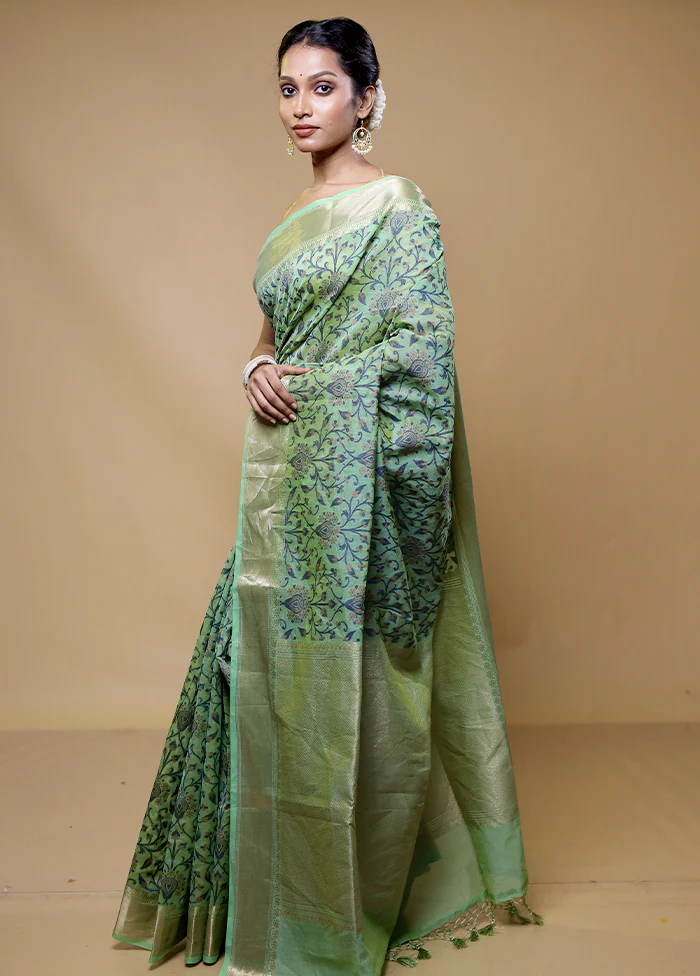 Green Kora Silk Saree With Blouse Piece - Image 4