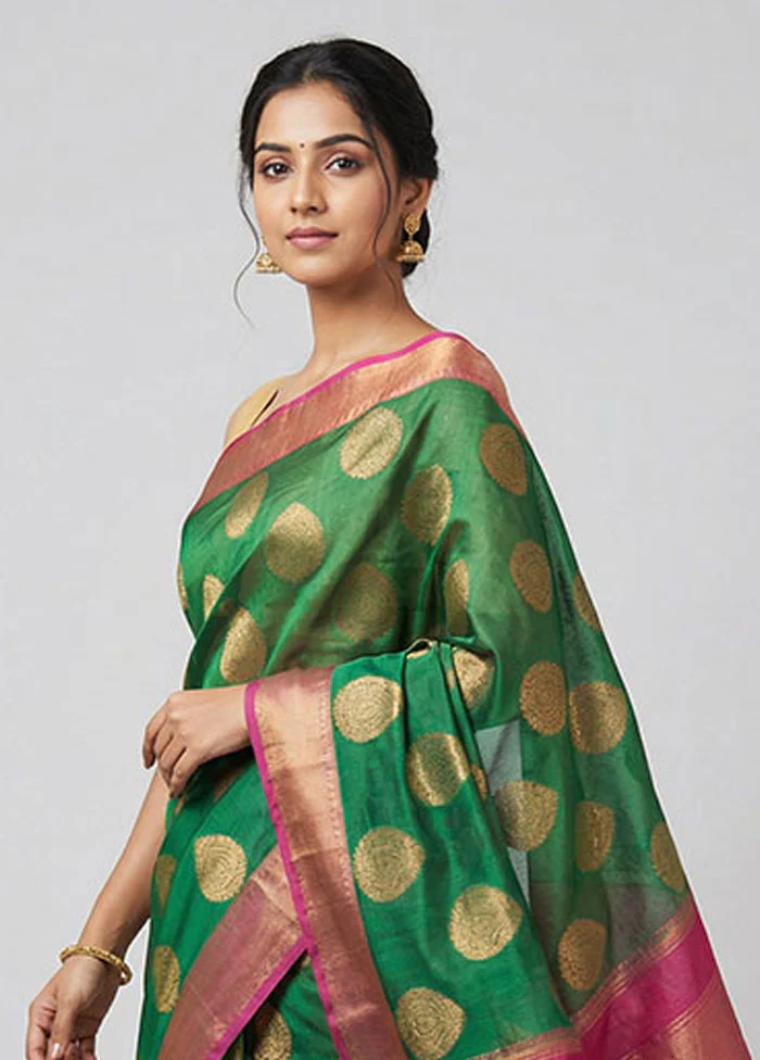 Green Kora Silk Saree With Blouse Piece - Image 2