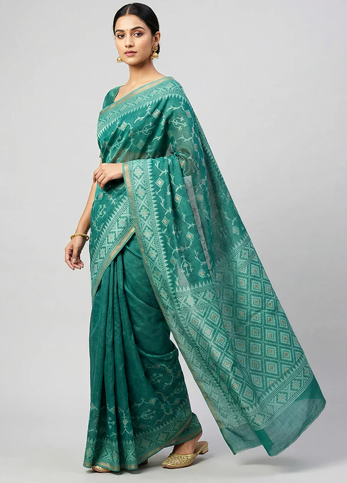 Green Kora Silk Saree With Blouse Piece