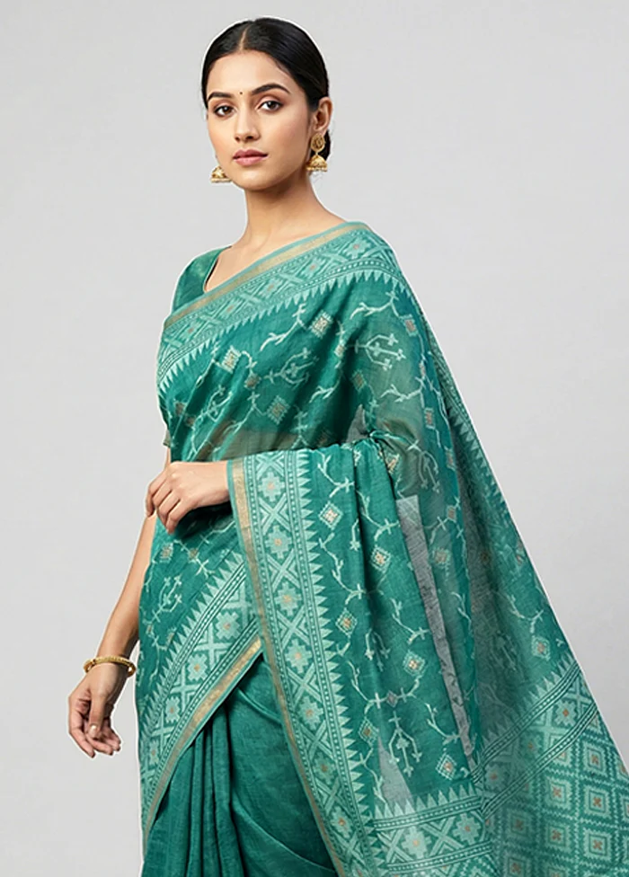 Green Kora Silk Saree With Blouse Piece - Image 2