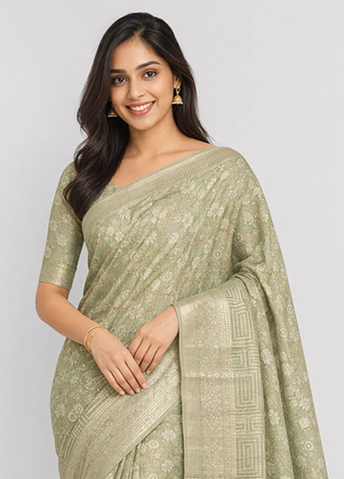 Green Kora Silk Saree With Blouse Piece - Image 2