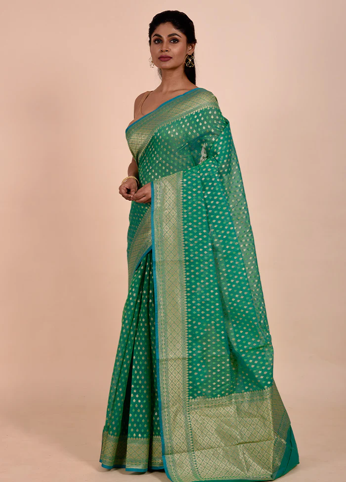 Green Kora Silk Saree With Blouse Piece - Image 4