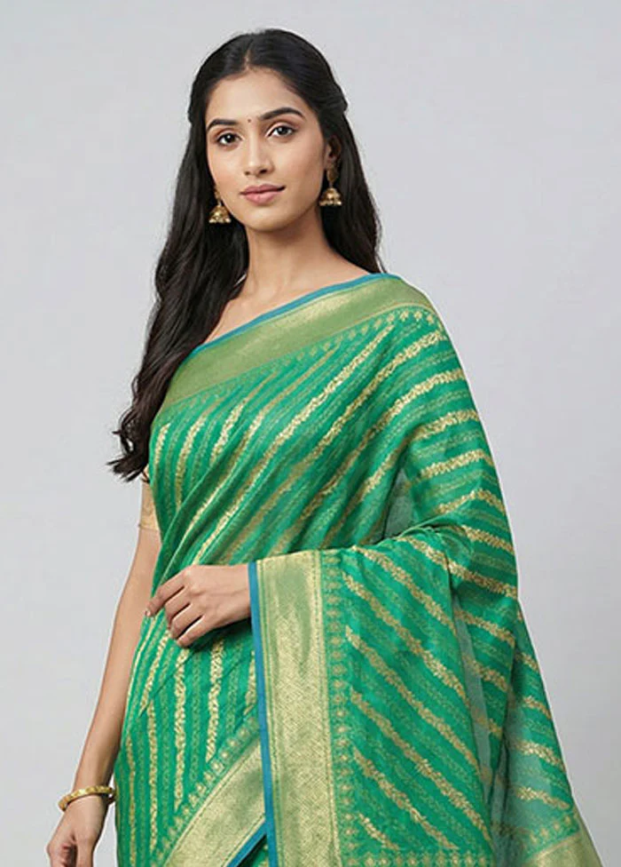 Green Kora Silk Saree With Blouse Piece - Image 2