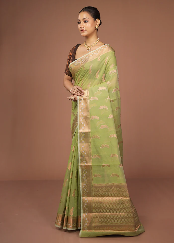 Green Kora Silk Saree With Blouse Piece - Image 4