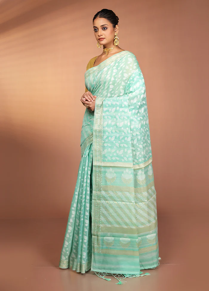 Green Kora Silk Saree With Blouse Piece - Image 4