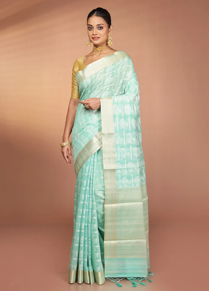Green Kora Silk Saree With Blouse Piece - Image 2