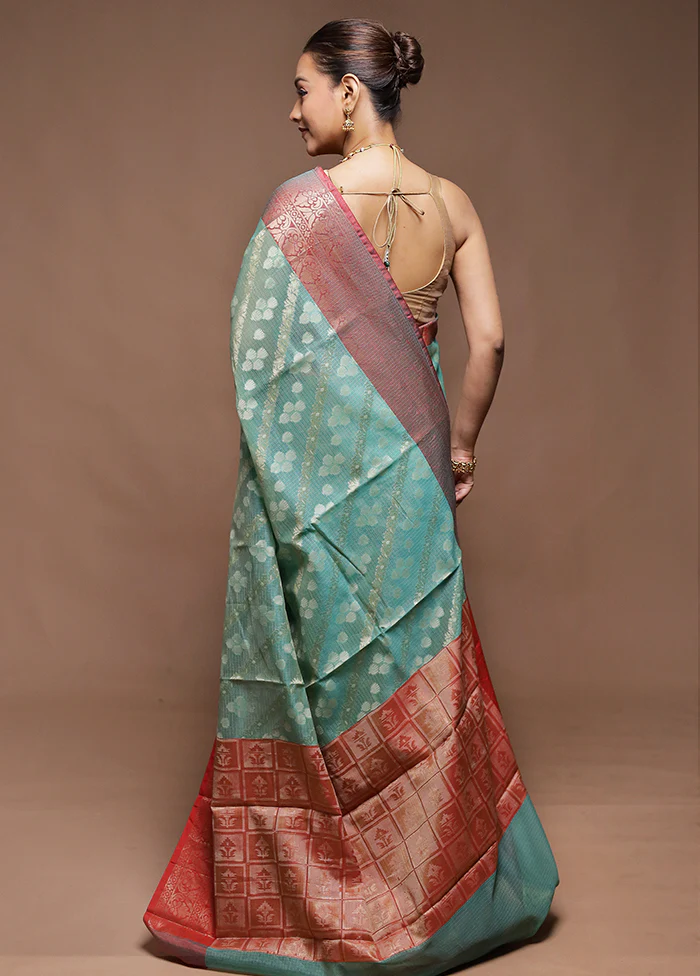Green Kora Silk Saree With Blouse Piece - Image 3