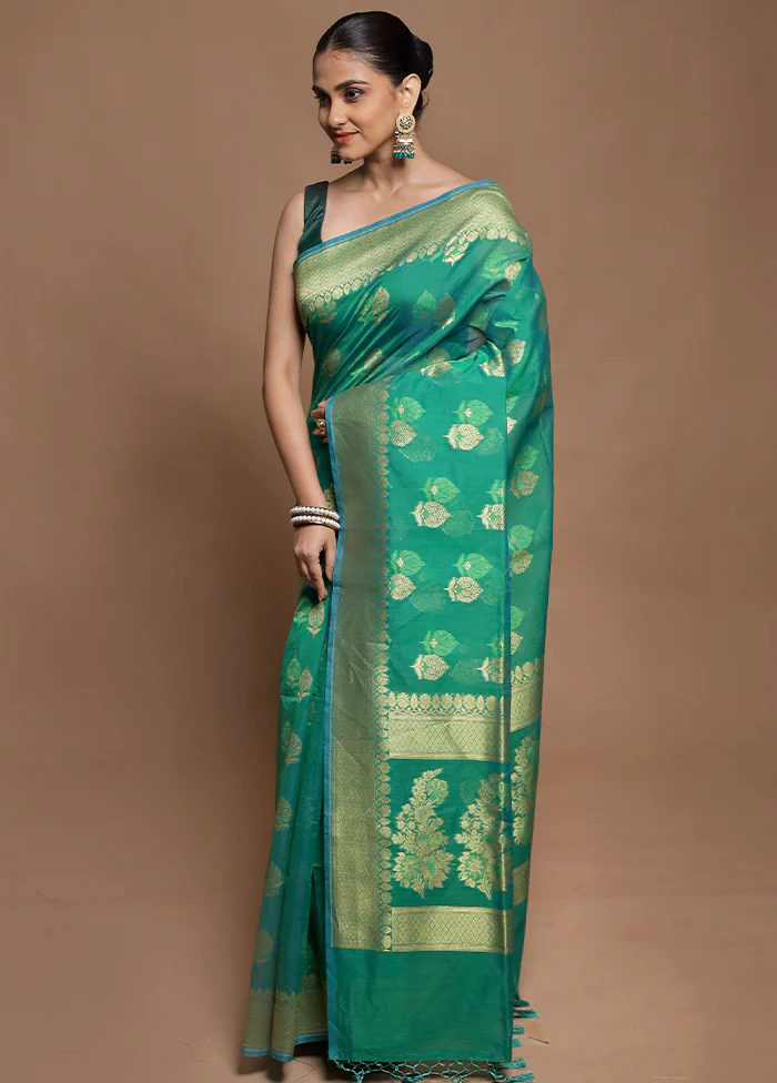 Green Kora Silk Saree With Blouse Piece - Image 4
