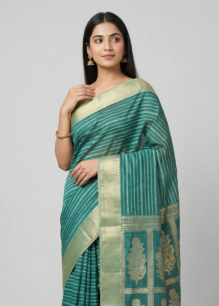 Green Kora Silk Saree With Blouse Piece - Image 2