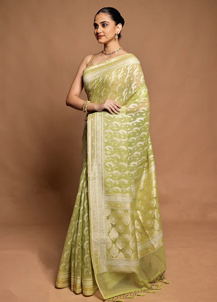 Green Kora Silk Saree With Blouse Piece - Image 4