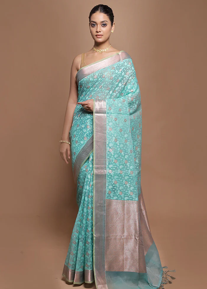 Blue Kora Silk Saree With Blouse Piece
