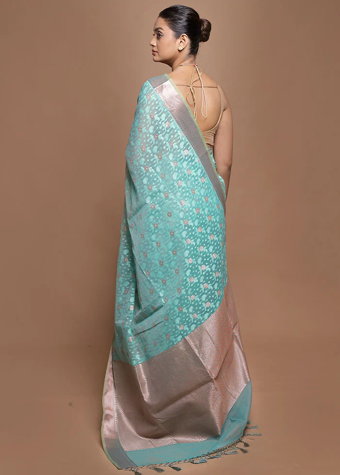 Blue Kora Silk Saree With Blouse Piece - Image 3