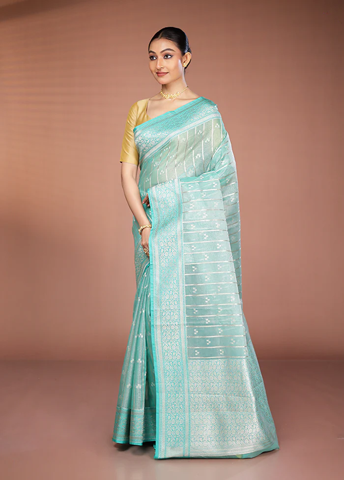 Green Kora Silk Saree With Blouse Piece - Image 4