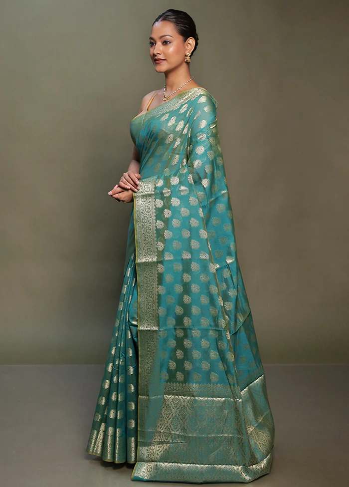 Green Kora Silk Saree With Blouse Piece - Image 4