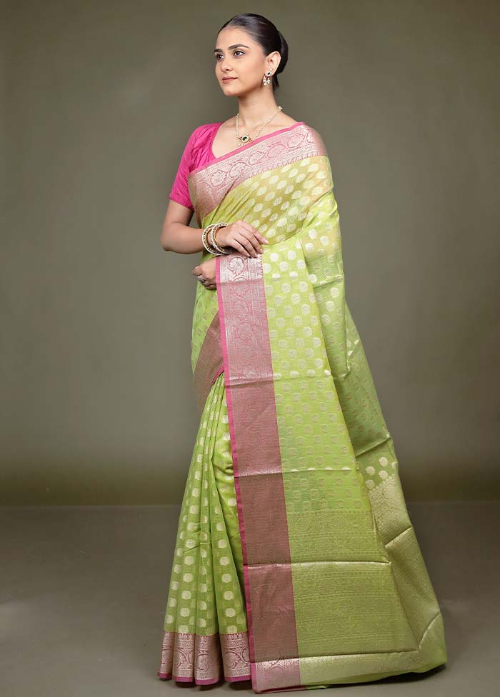 Green Kora Silk Saree With Blouse Piece - Image 4