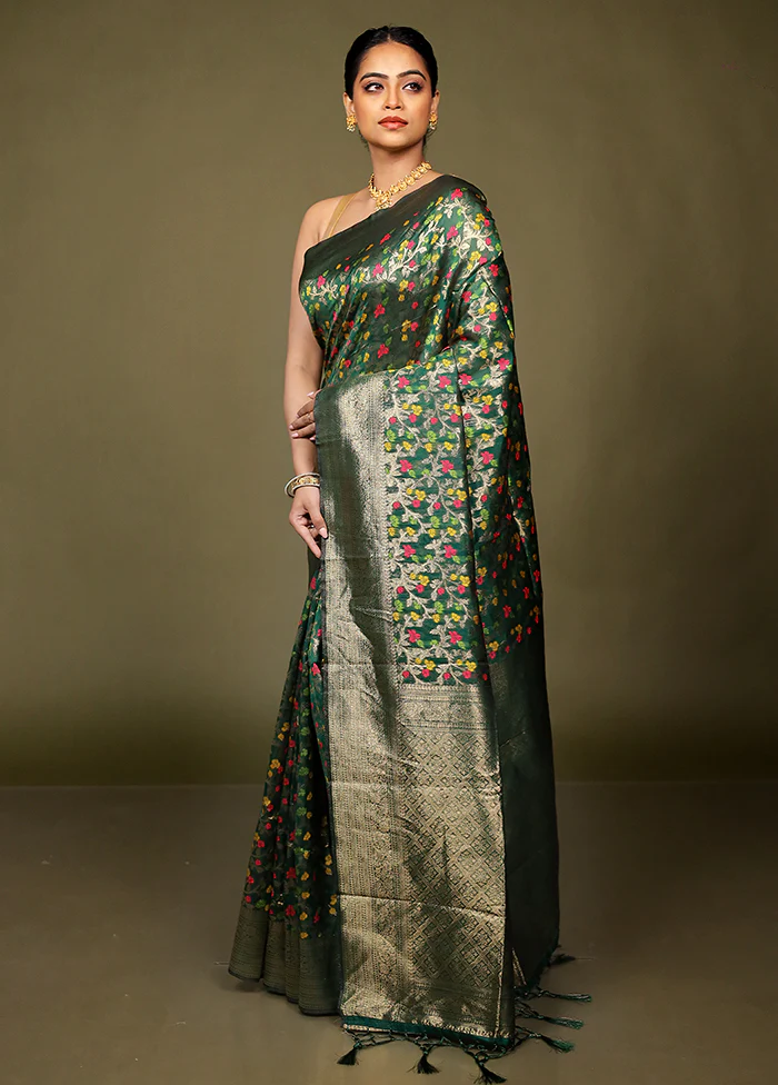 Green Kora Silk Saree With Blouse Piece - Image 4