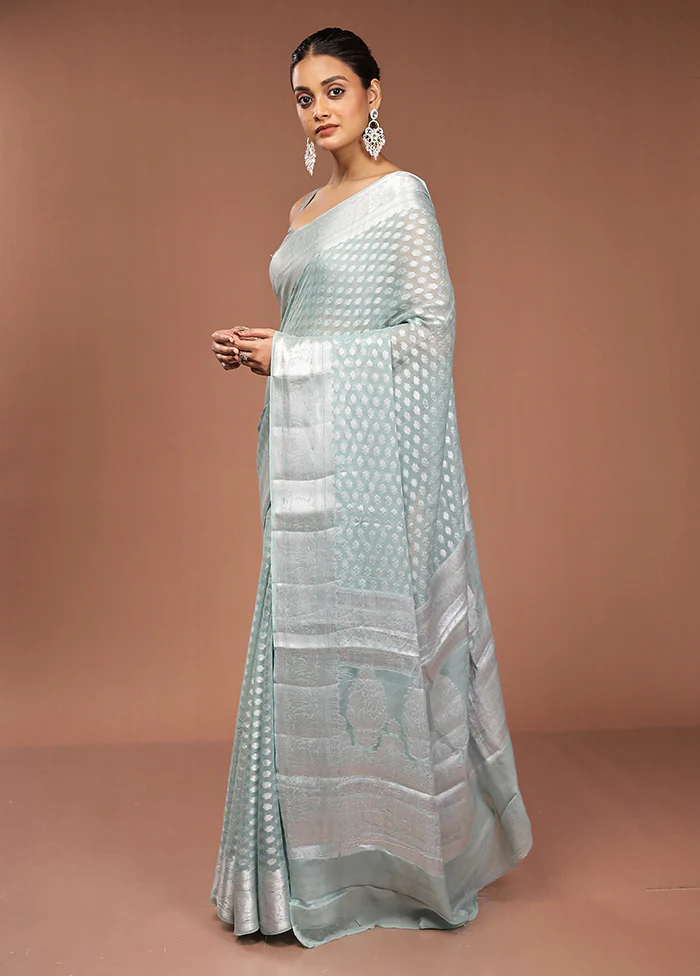 Green Kora Silk Saree With Blouse Piece - Image 4